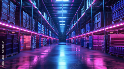 A warehouse under neon lights, showcasing a seamless blend of advanced inventory systems and efficient logistics