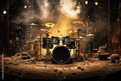 A drum set is shown with a lot of debris around it.