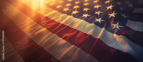 A draped American flag on a banner, catching the morning light to create a vibrant and respectful display for Memorial Day. Memorial Day, Independence Day , with copy space