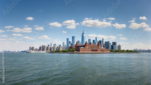 Downtown New York skyline panorama with Ellis Island