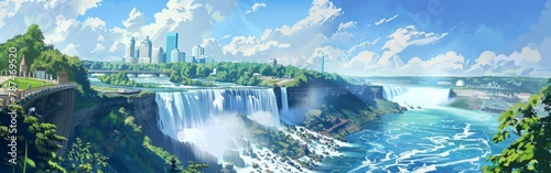 A beautiful landscape with a waterfall and a city in the background