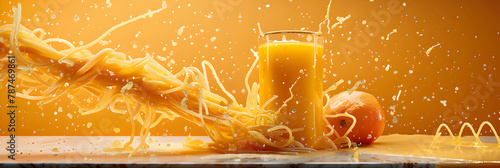 Quirky Fusion: Unconventional Pairing of Spaghetti and Orange Juice in a Whimsical Setting