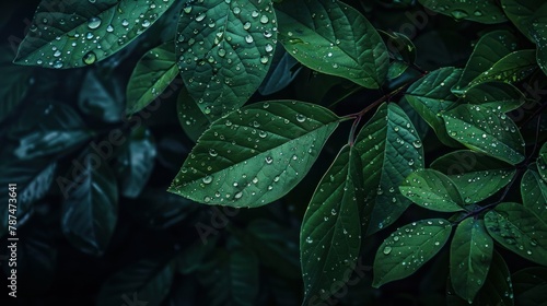 A moody and atmospheric photo capturing water drops on green leaves after a rain, set against a dark forest background