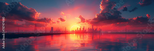  Solar Cell Farm in Power Station for Alternative , A sunset over water with clouds,A painting of a sunset with the sun setting behind 