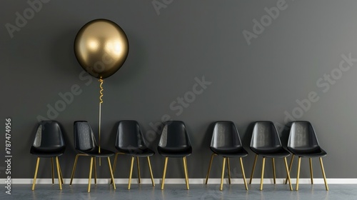 A row of uniform black chairs with a striking gold chair standing out, adorned with a balloon, symbolizing uniqueness and the concept of making a distinct choice.
