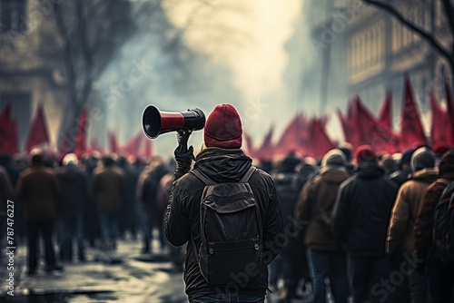 Winter strike. Activist protesting with megaphone and demonstrators in powerful rally