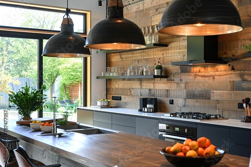 Modern interior kitchen with different cabinets and ceiling lamps