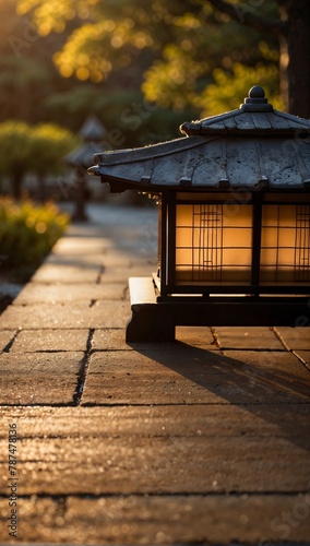A Japanese lantern sits atop a brick walkway, casting a warm glow on the surrounding area.