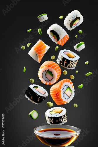 Delicious sushi on a dark background. Flying sushi on a black background. Tasty sushi in the air. Sushi Filadelfia. Sushi maki. 