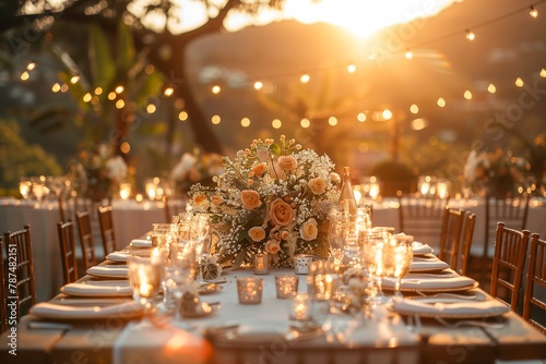 Beautiful and elegant outdoor wedding reception, decorated with flowers at sunset