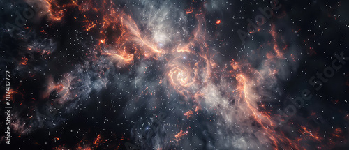 Spiral galaxy engulfed in fiery space clouds