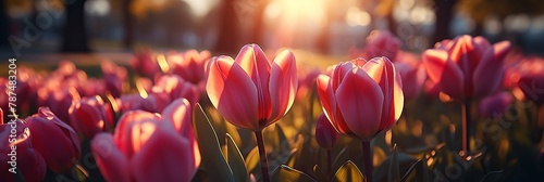 Captivating sunset beauty. exquisite colored tulips radiating in a mesmerizing panoramic vista