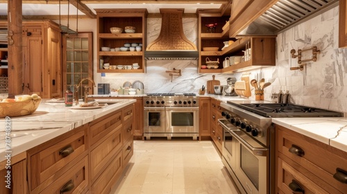 The kitchen boasts a mix of wooden cabinets in different finishes from dark cherry to light maple. The countertops are made of marble providing a beautiful contrast to the warm wooden .