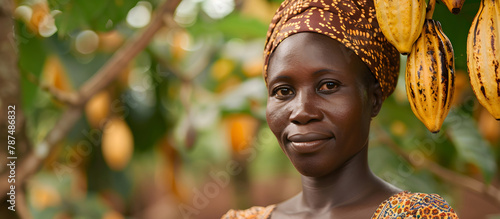 black woman smiling, collecting cocoa beans fresh in the forest, elephants in the background, label, chocolate business card, raw cocoa, Ivory Coast, Africa