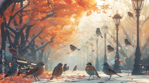 Amidst the tranquility of a city park, a diverse array of birds flock to a bird feeder suspended from a tree, creating a vibrant scene captured through generative AI technology-1