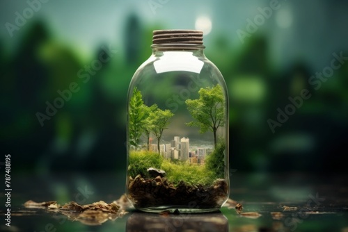 A house surrounded by green trees inside a glass bottle. Concept of recycling, environmental protection, reasonable consumption