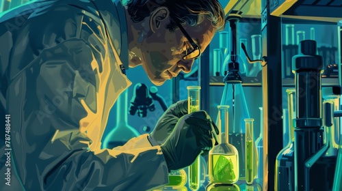 A scientist in a lab setting peering into a test tube filled with a bright green liquid. The lab is filled with beakers measuring tools and vials creating a chaotic yet organized atmosphere. .