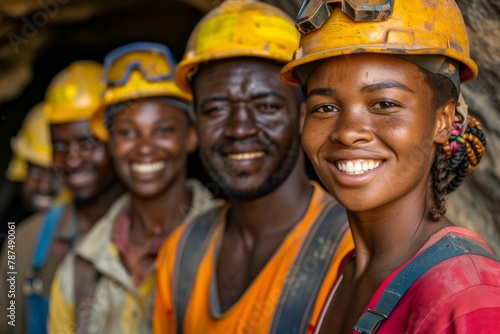 Diverse group of miners in protective gear captured in a moment of camaraderie underground