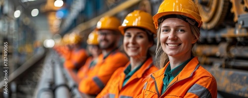 Smiling diverse team in safety gear posing in industrial setting