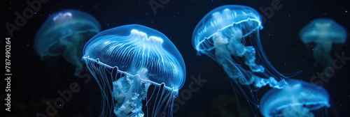 Several jellyfish are seen swimming gracefully in the water, their translucent bodies illuminated by the sunlight filtering through the waves
