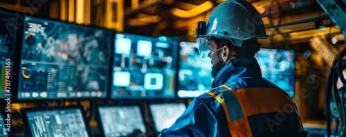 Engineer monitoring high-tech mining operations at industrial control center