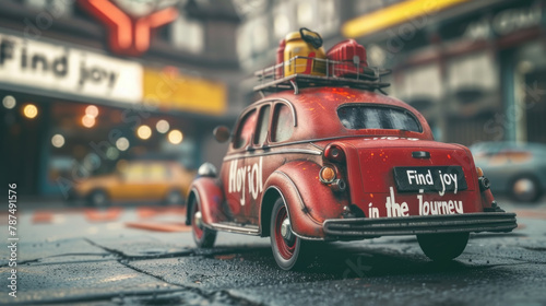 A red toy car with luggage stacked on its roof, ready for a pretend road trip adventure