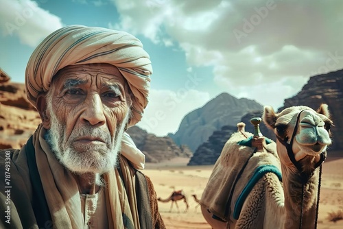 Old Man with Camel in Desert