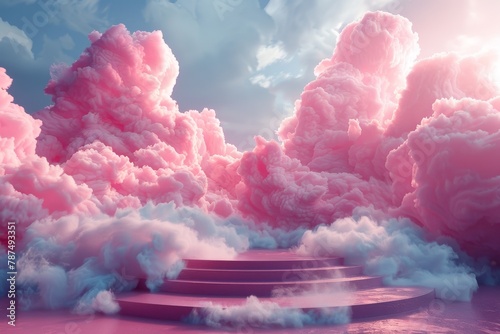 Surreal landscape of pink clouds and steps leading towards a dreamy sky reflecting serenity and imagination