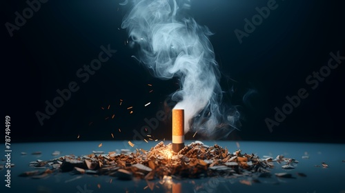 Cigarette burning in ashtray with smoke on black background