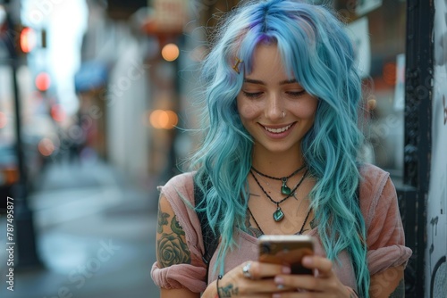 Cheerful tattooed woman with pastel blue hair using her smartphone on a busy street