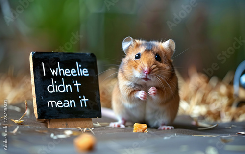 Cute Hamster with "I Wheelie Didn't Mean It" Message, play of words, pun, 