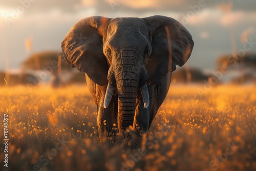 wild africa, sunset in africa, desert trees, sunset and sunlight. elephant walks in nature. African nature, landscape