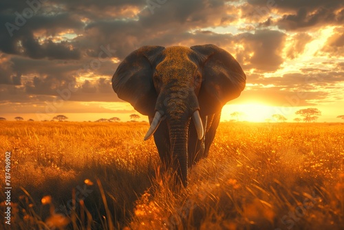 wild africa, sunset in africa, desert trees, sunset and sunlight. elephant walks in nature. African nature, landscape