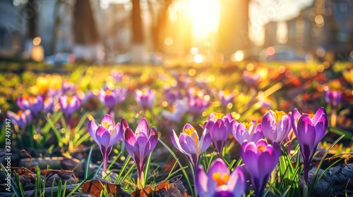 Beautiful purple and yellow crocus flowers blooming in a nature park. AI generated image