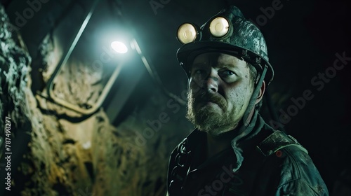Miner in mining gear with a lamp in the mine shaft