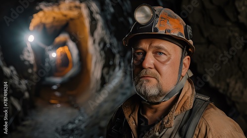 Miner in mining gear with a lamp in the mine shaft