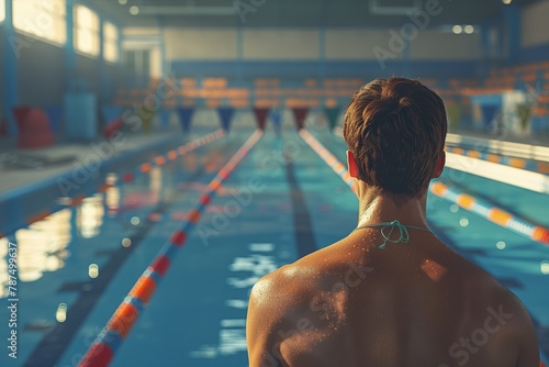 swimmer preparing to jump into the pool. top or back view. training in swimming pool. water swimming classes, sports and swimming in the pool. male swimmer. guy swimmer. boy swimmer