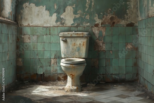 A condemned bathroom with dirty toilets in an abandoned warehouse factory abandoned toilets and abandoned toilets broken tiles moss and plants The toilet is dirty restroom abandoned by people and care