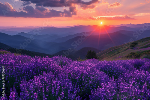 Sunrise in the mountains purple lavender