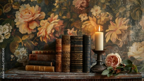 Rustic faded wallpaper sets the scene for a vintageinspired podium adorned with classic books and a flickering candle transporting . .