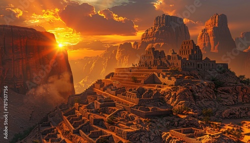 A Majestic Sunset Behind The Ruins of Machu Picchu in Monument Valley