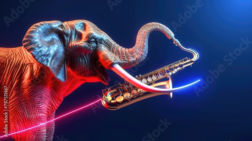 An elephant skillfully maneuvered a saxophone with its trunk, producing deep, soulful notes in a jazzy closeup