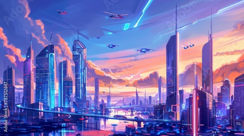 A futuristic cityscape with sleek skyscrapers and flying cars AI generated illustration