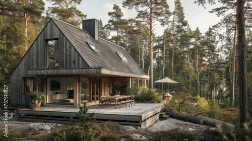 A serene Scandinavian home with a wooded facade and forest backdrop AI generated illustration