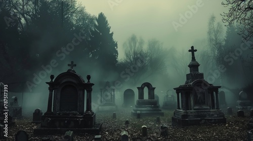 A spooky graveyard with mist swirling around the tombstones AI generated illustration