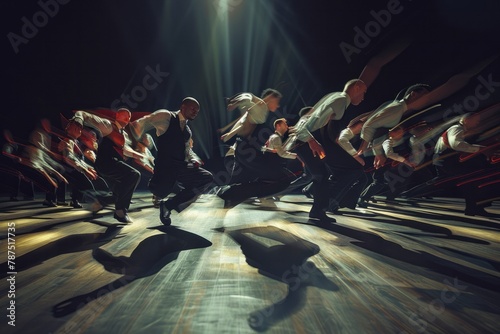 A group of tap dancers creating a rhythmic symphony with their fast-paced footwork and intricate rhythms