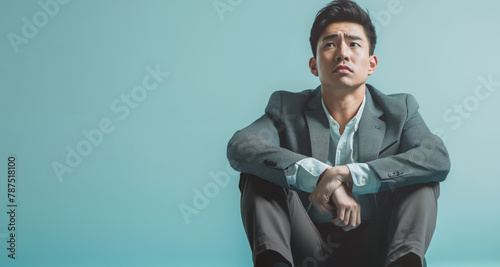 Young Asian man in formal clothes sitting on ground, looking helpless and unhappy. Generative AI