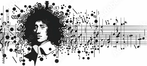 Create a minimalist portrait of a baroque composer, using musical score elements and classic styling to depict their historical significance and creative genius