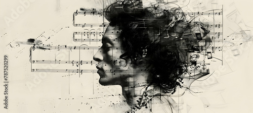 Create a minimalist portrait of a baroque composer, using musical score elements and classic styling to depict their historical significance and creative genius