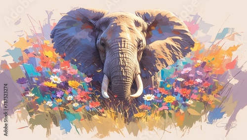A vibrant painting of an elephant surrounded by blooming flowers and shimmering petals